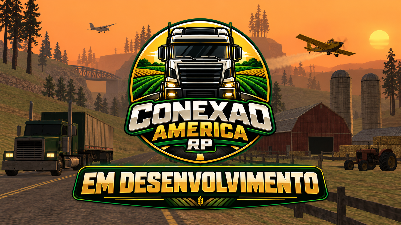 Conexão America RP: caminhões, fazendas e aviões em cenário inspirado no GTA San Andreas.